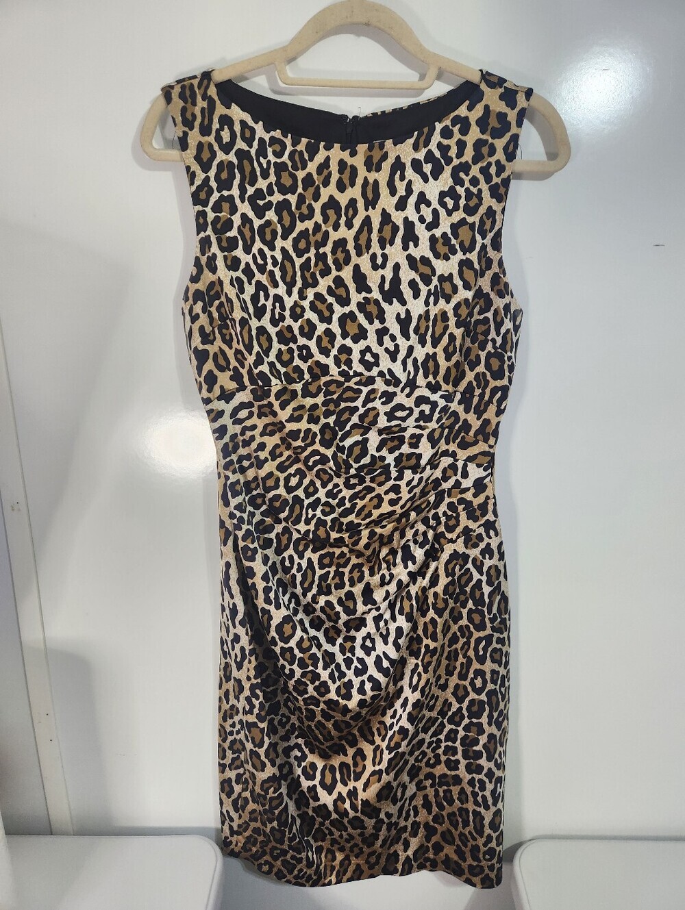 Cache Sleeveless Leopard Print Sheath Dress - Black & Tan, Size 12